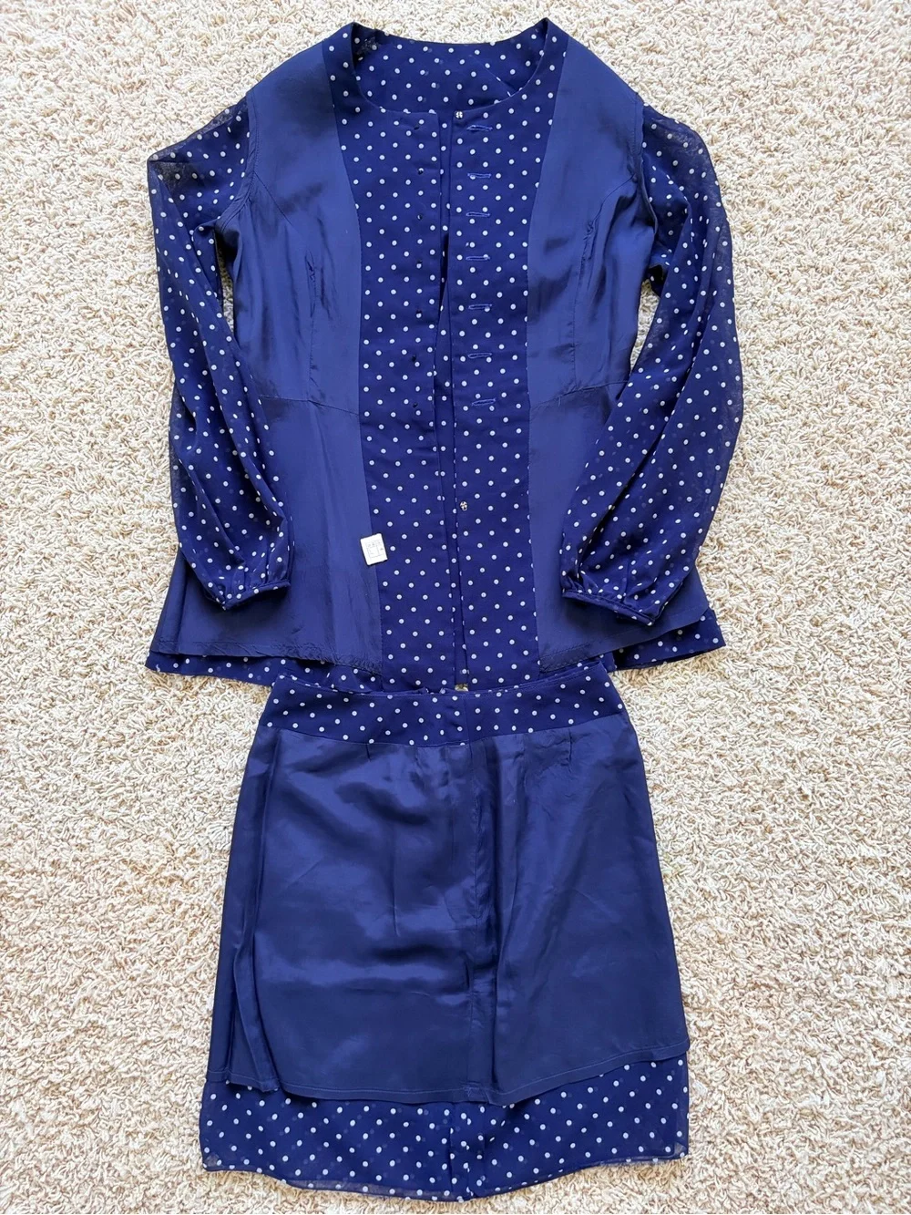 70’s Navy Polka Dot Sheer Peplum Skirt Suit Small Made in Japan